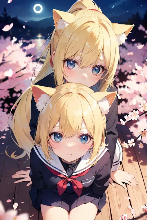 masterpiece, 4K, bokeh,best quality, realistic, 
 (Bright Blonde hair:1.6), (ponytail:1.2),(Blushed face:1.3), (Three girls in:1.2),  (Cat ears:1.3), 
(sitting:1.2), (Cherry blossoms in full bloom:1.3),
uniform, Looking at the audience,
(Beautiful night sk...