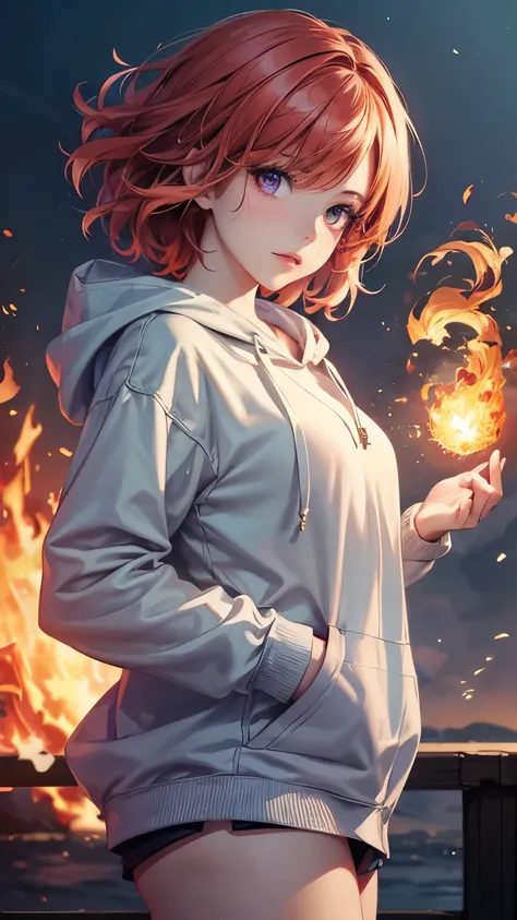 One girl，Red pixie cut，((Hide one eye))，((Transparent purple eyes))，((Fire Mage))，((4K，8k，CG Unity，Masterpiece，masterpiece，Best Quality:1.5))，Official image，Perfectly correct anatomy，((Realistic:1.2))，Bust Up，((Rin々A look of determination))，((Hair swaying ...