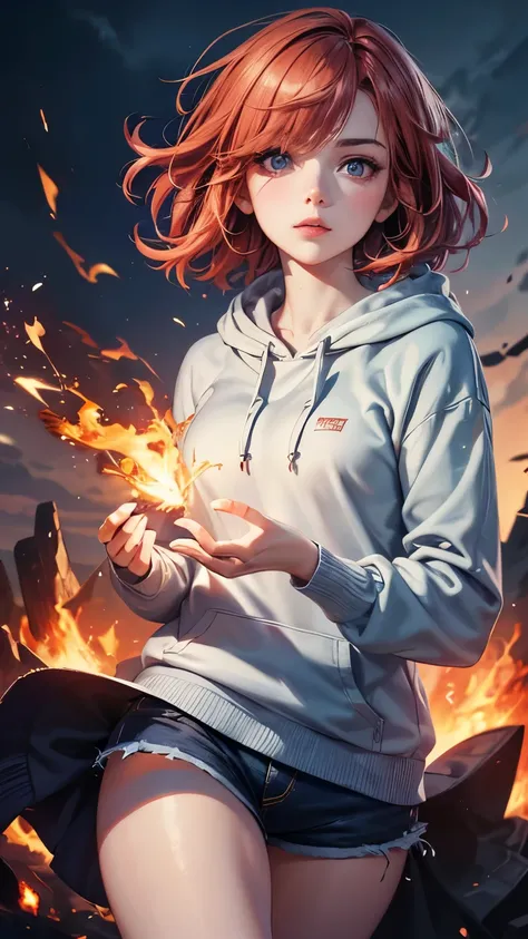 One girl，Red pixie cut，((Hide one eye))，((Transparent purple eyes))，((Fire Mage))，((4K，8k，CG Unity，Masterpiece，masterpiece，Best Quality:1.5))，Official image，Perfectly correct anatomy，((Realistic:1.2))，Bust Up，((Rin々A look of determination))，((Hair swaying ...