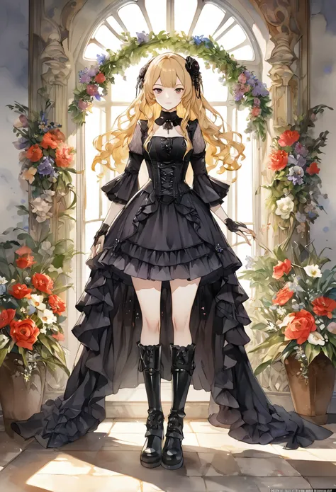 An enchanting scene of a young woman standing amidst elaborate decoration, (((Cowboy Shot)))(((gothic))), Flower Arch,she was adorned with hair accessories、, Wavy blonde hair。Ruffled mini skirt, sheの表情は自然だ, Calm expression. she wore a dress with ruffled sl...