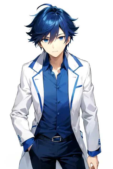 anime - style image of a man in a blue shirt and white coat, tall anime guy with blue eyes, young anime man, inspired by Okumura Togyu, inspired by Okumura Masanobu, male anime character, anime handsome man, okata kazuto, anime boy, handsome anime pose, as...