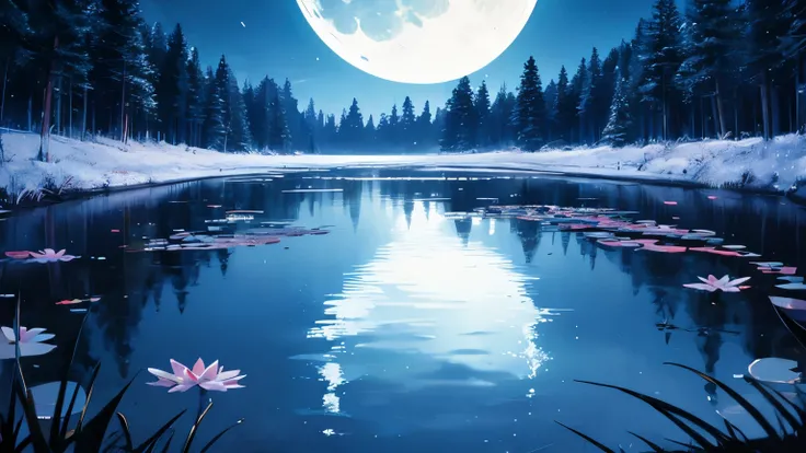 darkness、The moon reflected on the surface of the pond