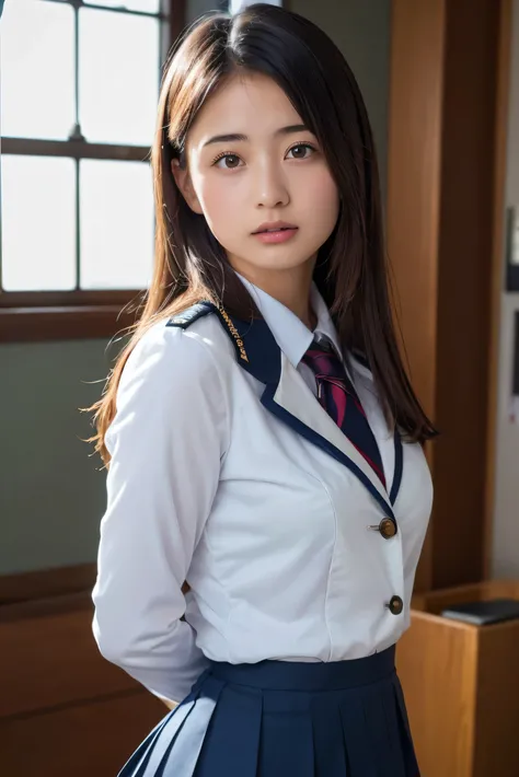 (8k, RAW Photos,Best Quality, High resolution:1.1), (超Realisticな:1.4),(Realistic, Realistic:1.3),The beauty of Japan、1、(navy skirt),  navy blue blazer, pleated miniskirt,
(cute school uniform)、((Upper Body:1.3))