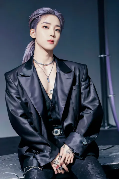 suho stands out with his bright and bold image... he has long light purple hair.(((low ponytail))),(((long light purple hair)))....