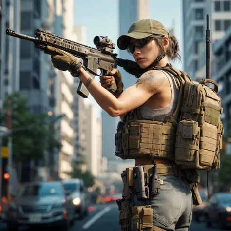 8k, Photorealistic、Realistic skin texture、Pore expression、Japanese women living in America、Troop Commander、SIG SAUER khaki XM7 assault rifle、civilian soldiers、Age 30、Veteran presence、Private Server、Baseball Cap、goggles、Is giving instructions、Gestures、gestu...