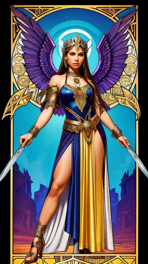 
A full body shot of a powerful Valkyrie warrior standing tall in front of ancient stone ruins, adorned in intricate silver armor with large, ethereal wings spread wide, holding a gleaming sword and a shield, with a determined expression, surrounded by a f...