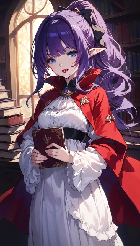 arafed a picture of elf vampire in her castle. an exquisite beautiful female elf vampire (ultra details, Masterpiece, best quality), bloody mouth, purple hair, pale skin, hair in a ponytail, long hair, blue eyes, small pointed ears, cold eyes, smirking, we...