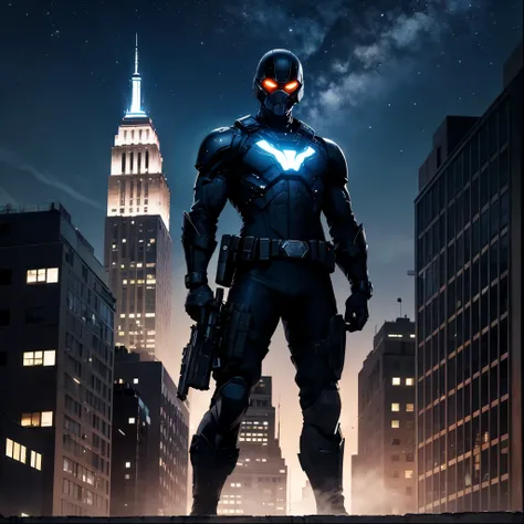 Dark hero, one man, military, two-block, hologram, black handgun, black combat knife, black rider suit, combat boots, muzzle pointing, night sky, standing on roof of New York building, looking down on building