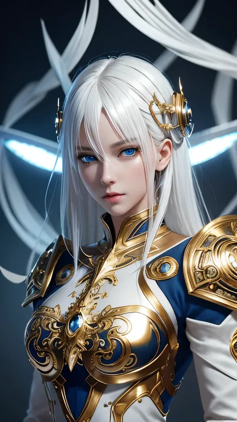 surreal photography of a stunningly beautiful cyborg female, white hair, blue eyes, embraced, delicate gold filigree, intricate filigree, glowing, in the style of beth cavener, jin kagetsu, and wlop, highly detailed, intricate detailed, chrome face symmetr...