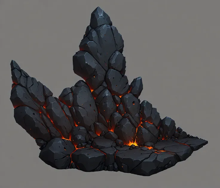 close up of a rock with fire on it, flame stone scattered, rocky environment, black rock statue material, draw as a game concept...