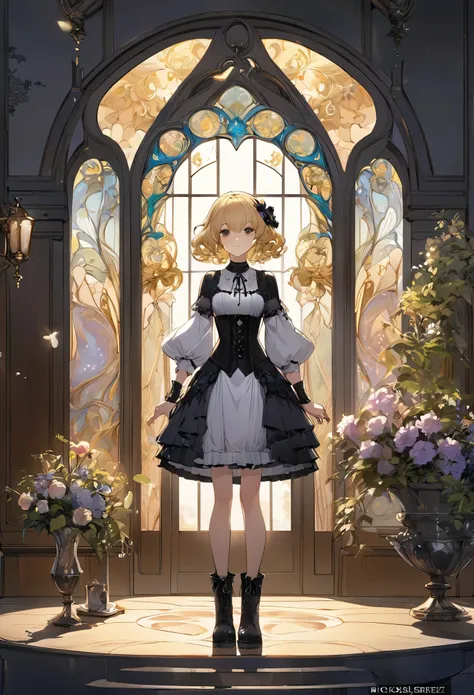 An enchanting scene of a young woman standing amidst elaborate decoration, (((Cowboy Shot)))(((gothic))), she was adorned with hair accessories、, Wavy Blonde Hair..。Ruffled mini skirt, sheの表情は自然だ, Calm expression. she wore a dress with ruffled sleeves and ...