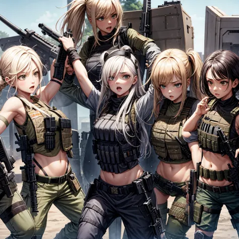 ((A group of Womens in crop top military bulletproof vest)), ((Everyone showing navel)), (busty:0.5, big breasts:0.5, push up breasts:0.5, cleavage:0.1), (((beautiful face, beautiful skin))), military digital desert camo cargo pants, military belt with pou...