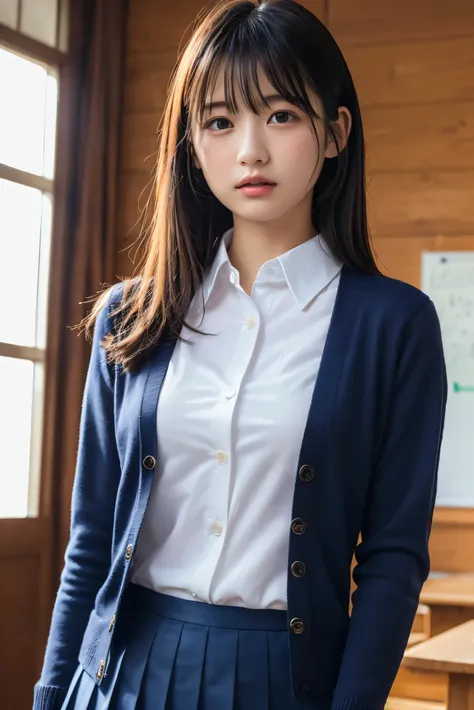 (8k, RAW Photos,Best Quality, High resolution:1.1), (超Realisticな:1.4),(Realistic, Realistic:1.3),The beauty of Japan、(navy skirt),  school uniform, navy blue blazer, pleated miniskirt,
(cute school uniform), ((outerwear is dark navy cotton cardigan, closed...