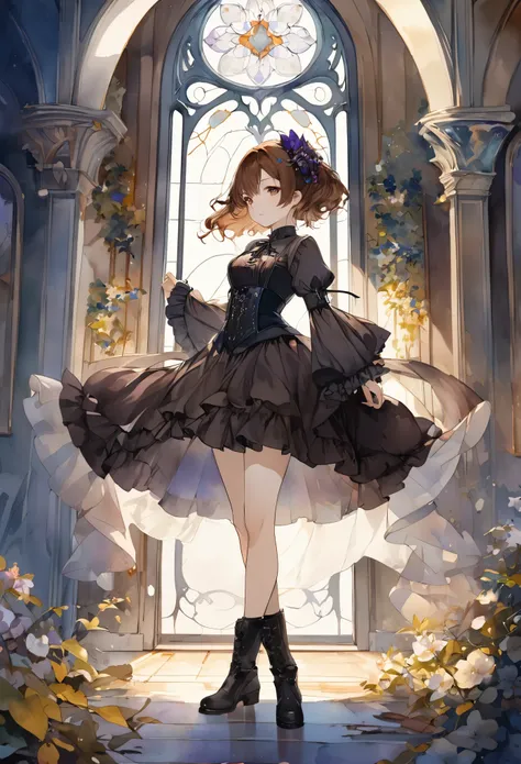 An enchanting scene of a young woman standing amidst elaborate decoration, (((Cowboy Shot)))(((gothic))), she was adorned with hair accessories、, Wavy brown hair..。Ruffled mini skirt, sheの表情は自然だ, Calm expression. she wore a dress with ruffled sleeves and a...