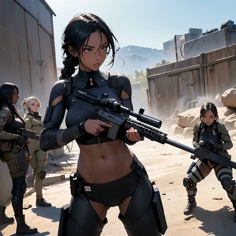 nsfw, very wide shot, Anime screencap, 16k, perfect anatomy proportion body, action, A dynamic composition with a sense of speed and movement, Camouflage-colored heavy armor steam engine full armor powered suit, (A group of sexy female snipers having a gun...