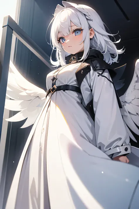 Angel girl, white hair, left blue eye, right light brown eye, huge white wings, dark clothes, big coat.