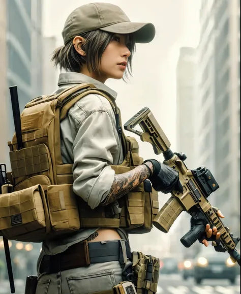 8k, Photorealistic、Realistic skin texture、Pore expression、Japanese women living in America、Troop Commander、SIG SAUER khaki XM7 assault rifle、civilian soldiers、Age 30、Veteran presence、Private Server、Baseball Cap、goggles、Is giving instructions、Gestures、gestu...