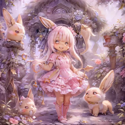 in the garden, smile, Similar to Nanachi from Made in Abyss. She is beautiful, Beautiful eyes and lips.  (((chibi style,))) . The image quality is excellent, Highly detailed and realistic features. The medium of this work is、Combining illustration and phot...