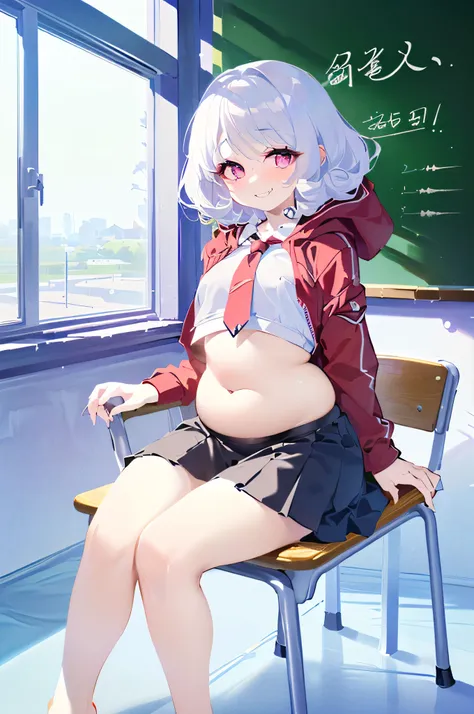 1girl, (taken from a distance:1.5),(frontal:1.5),(sitting on a soft chair:1.5),(school, red hooded jacket with hood,  black skir...