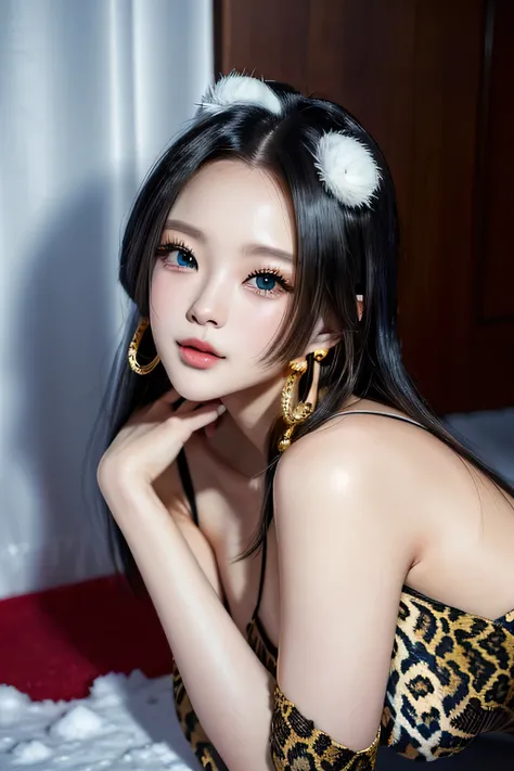 boa hancock, dressed in a leopard lingerie suit lying in the snow, a very beautiful cute kitten,beautiful clear eyes,blue eyes,trending on cgstation, trending on cgstation, sexy cat girl, korean girl, Japanese model, perfect black hair girl,cute hairy mini...