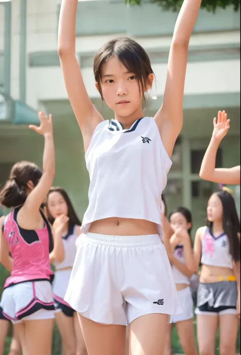 Make junior high school students girls, ethnic Chinese, slim but very athletic, wearing a white sleeveless shirt, and thin and tight shorts, raising his hands to show his armpits