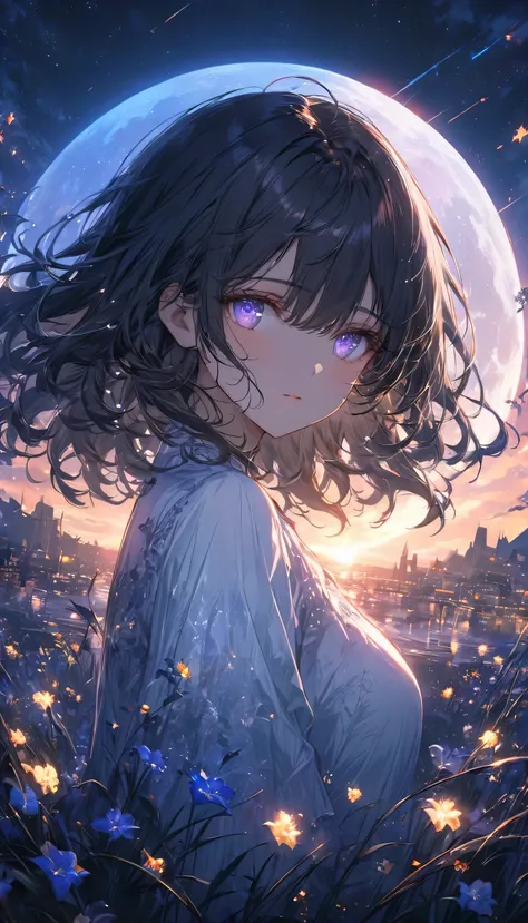 A beautiful anime-style scene of a young woman standing under the glowing full moon, which fills the night sky with soft, ethereal light. She has long, flowing dark hair with hints of brown and golden tones, gently swaying in the breeze. Her calm, serene e...