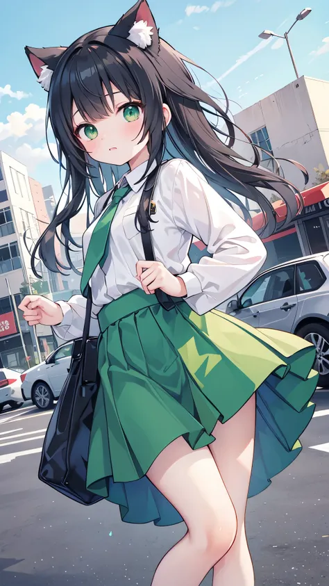 ((Best Quality, 8k, masterpiece: 1.3)),people間の女の子,１people,１peopleで,((Petite,Glamorous Body,Curvy)),cute,Surprised,Blushing,((Long black hair)),Beautiful emerald green eyes,((Long sleeve dress shirt,Green tie,Green mini skirt,Can be flipped over by strong ...