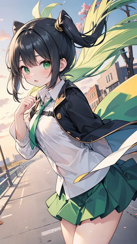 ((Best Quality, 8k, masterpiece: 1.3)),people間の女の子,１people,１peopleで,((Petite,Glamorous Body,Curvy)),cute,Surprised,Blushing,((Her long black hair sways in the strong wind)),Beautiful emerald green eyes,((Long sleeve dress shirt,Green tie,Green mini skirt,C...