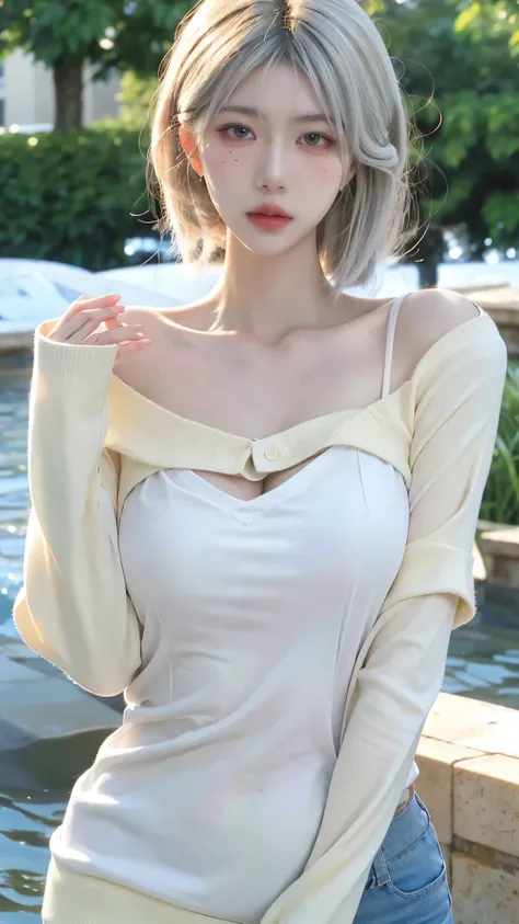 High quality，2k，Beautiful woman，（（Imagine：1.4）），Snow-white and clear skin，Cold and ruthless expression，Obvious vest line，Beige sweater，Have a perfect body：1.4，Layered Hairstyle，Visible cleavage，Big breasts：1.6，（（whole body：1.4）），Highly detailed face and sk...