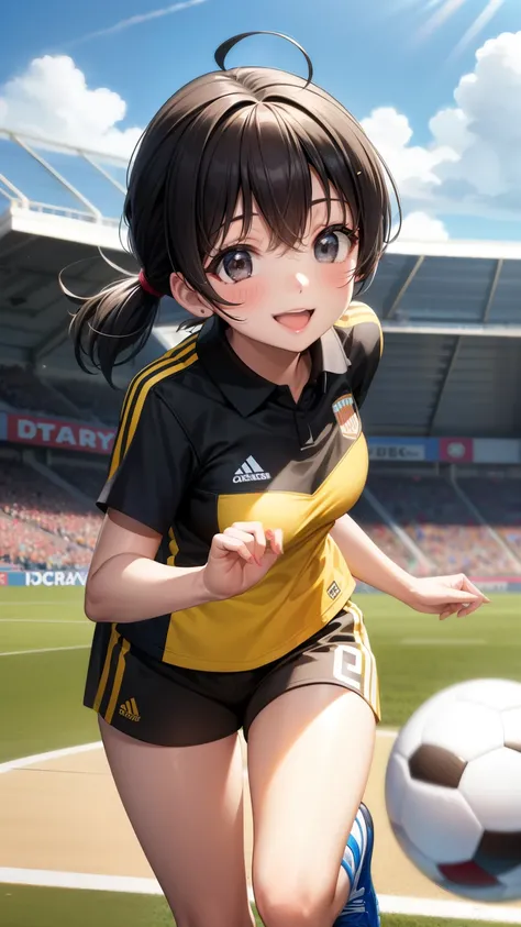 Cute girl, playing soccer, player, ((light smile))