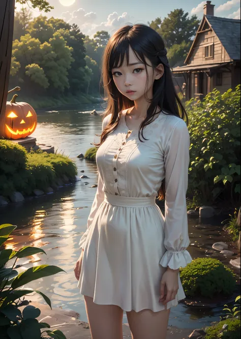 1 Cute girl、、Long hair with bangs、Halloween Night、Big pumpkin house、Ghosts in the Garden、I can see the light from the window、White smoke coming out of the chimney、A stream flows、A small arch bridge spans the、In the forest、Pale Moon Night、The moon is half h...