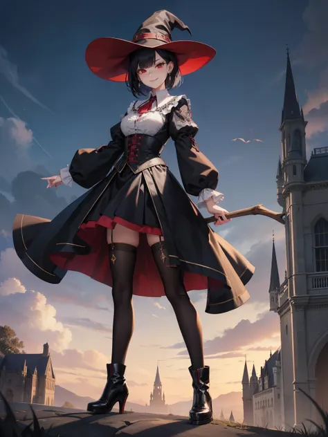 tall female, short black hair, witch, red eyes, earrings, smug smile, puffy shirt, long sleeves, skirt, stockings, ankle boots, gothic scenery, witch hat, background, mansion, full body shot