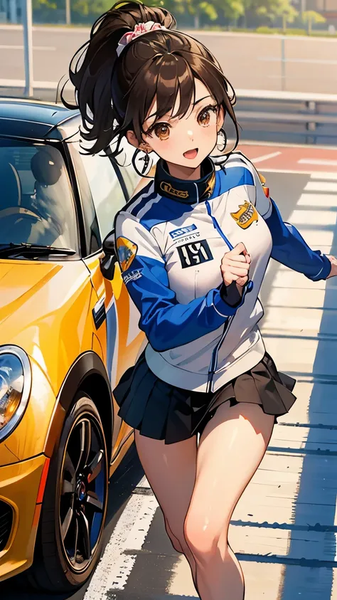 Masterpiece、Best Quality、Race queen look、Uniform with logo、Upper Body、A calm expression、Brown eyes、Beauty、audience、Racing Car、Adorable expression、Earrings、cute、From above、Dynamic Pose、mini skirt、run、Beautiful feet、Sexy