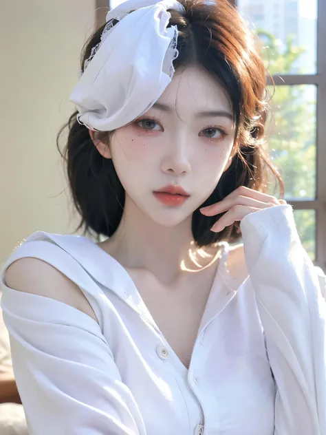 High quality，2k，Beautiful woman，（（Imagine：1.4）），Snow-white and clear skin，Cold and ruthless expression，Obvious vest line，Beige sweater，Have a perfect body：1.4，Layered Hairstyle，Visible cleavage，Big breasts：1.6，（（whole body：1.4）），Highly detailed face and sk...