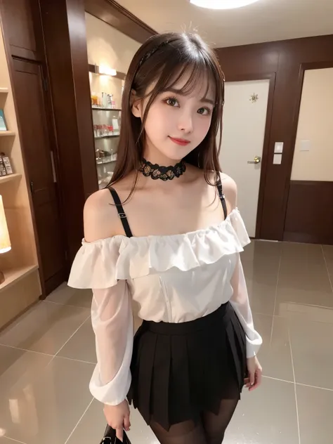 ulzzang-6500-v1.1, (RAW Photos:1.2), (Realistic), Beautiful detailed girl, (Genuine: 1.4), Very detailedな目と顔, Beautiful fine details, (Off-the-shoulder blouse, Flared Skirt, Ultra-realistic pantyhose:1.3, Black choker)、 (A very loving smile:1.2)、Large file...