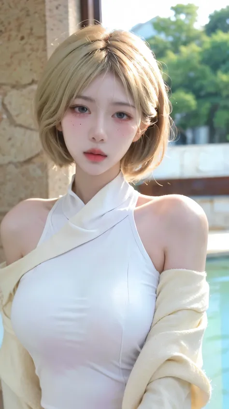 High quality，2k，Beautiful woman，（（Imagine：1.4）），Snow-white and clear skin，Cold and ruthless expression，Obvious vest line，Beige sweater，Have a perfect body：1.4，Layered Hairstyle，Visible cleavage，Big breasts：1.6，（（whole body：1.4）），Highly detailed face and sk...