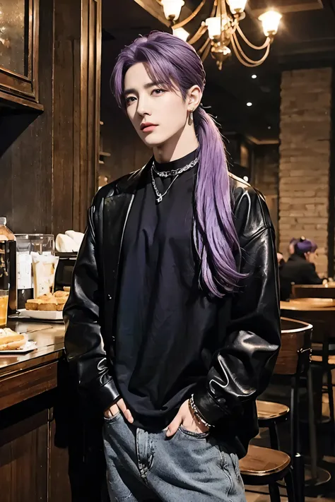 Suho stands out with his bright and bold image... he has long light purple hair.(((Low Ponytail))),(((long light purple hair))).(((Stroked back))), Mostly messy, It gives off a slightly casual vibe., But it looks stylish. His grey eyes are always filled wi...