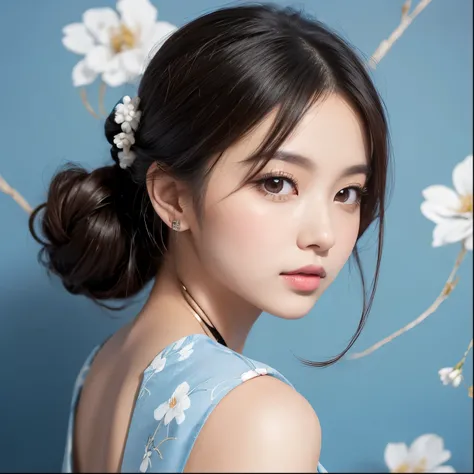 A stylish anime character girl is depicted in portraitands out for its elegant and delicate appearance。Her skin is soft、There is a slight blush on her cheeks、It gives a soft and clean impression.。Large, expressive eyes in a soft blue color、It creates a cal...