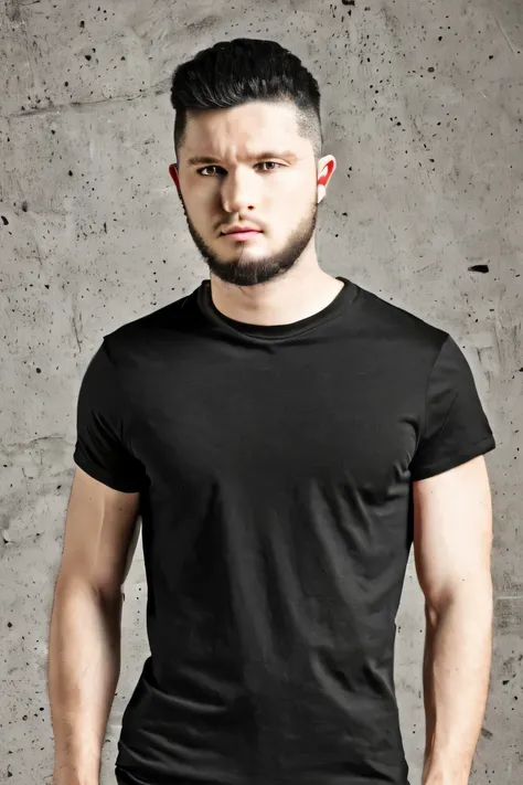 a black haired male model wearing a plain black t-shirt, full body shot, focus on the t-shirt, standing straight pose, (best qua...