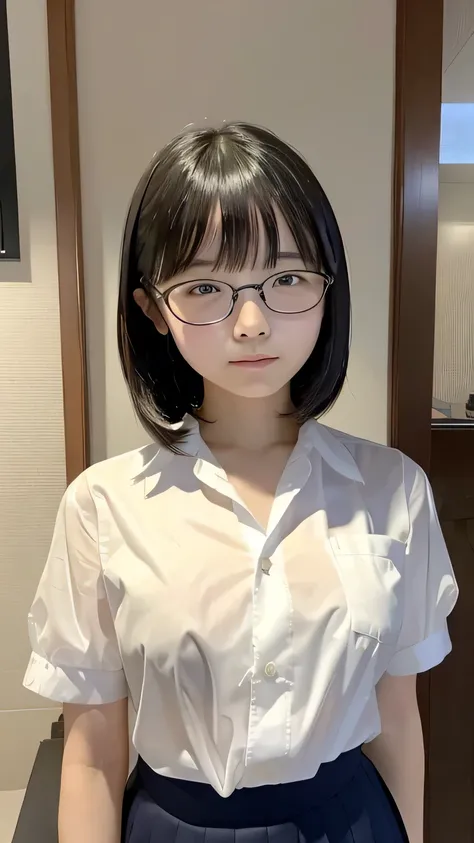 (masterpiece:1.2), Japanese, (15yo), (a schoolgirls), short sleeves, glasses, tits, (transparent shirt), 