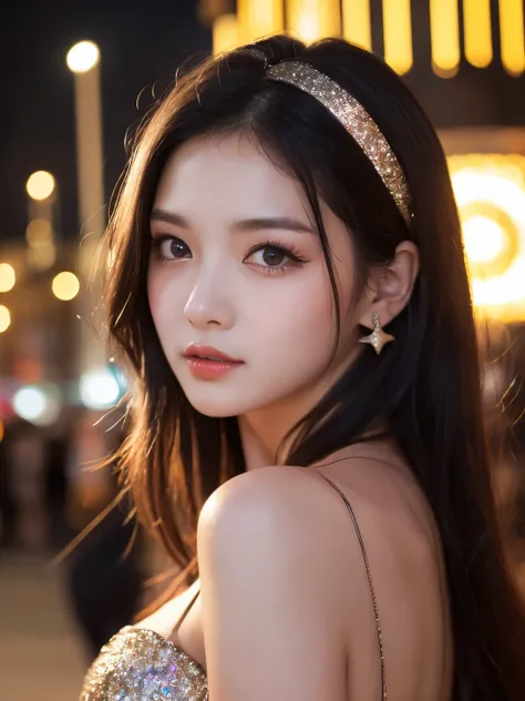 ulzzang-6500-v1.1, (RAW Photos:1.2), (Photorealistic), Beautiful Details, Famous popular actress、 (Genuine: 1.4), Highly detailed eyes and face, Beautiful detailed eyes, ((Glittering night illuminations at the square:1.2)), ((Women&#39;s Suits:1.3, Ultra-r...