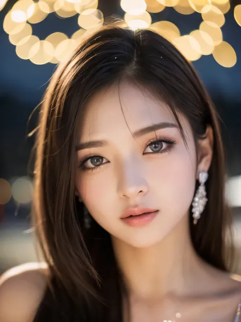 ulzzang-6500-v1.1, (RAW Photos:1.2), (Photorealistic), Beautiful Details, Famous popular actress、 (Genuine: 1.4), Highly detailed eyes and face, Beautiful detailed eyes, ((Glittering night illuminations at the square:1.2)), ((Women&#39;s Suits:1.3, Ultra-r...