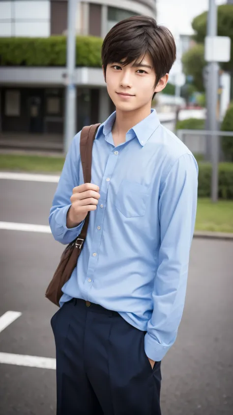 A handsome Japanese male high school student in the photo. He has changed his clothes to casual wear and the background is blurred., 