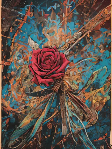 olpntng style, a rose, among rusty irons, oil painting, strong strokes, dripping paint"rgb dsplacement, surface, diamond, by ral...