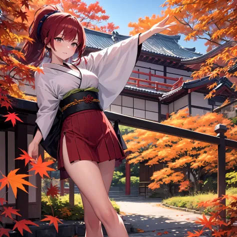 autumn,Japanese style,landscape,Red Hair,girl,ponytail,Maple leaves are dancing