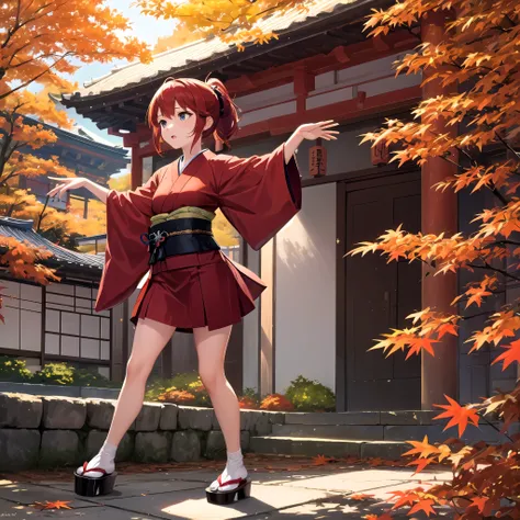 autumn,Japanese style,landscape,Red Hair,girl,ponytail,Maple leaves are dancing