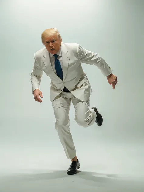 Fullbody view of Donald Trump in white business suit running with a knife solid green background