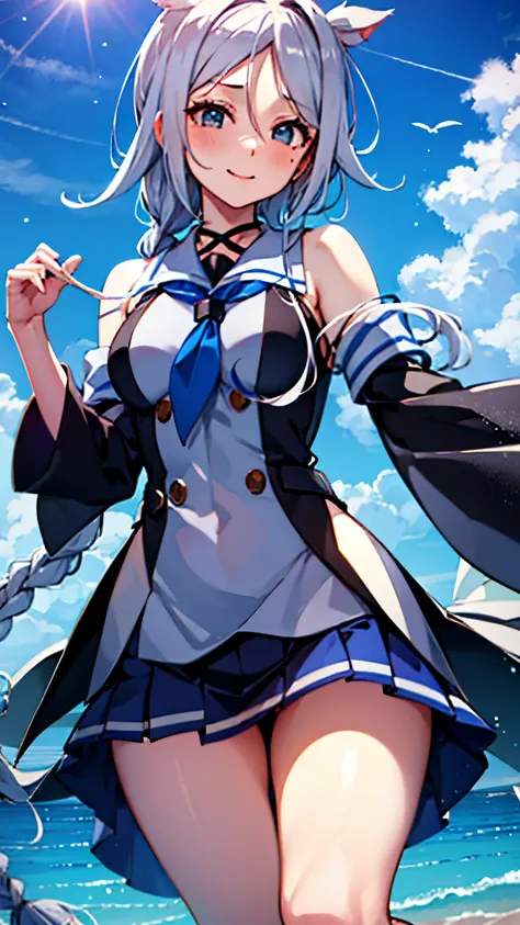 (Super detailed), masterpiece, (Best Quality), Real anime style　Detailed eyes, Detailed face　Detailed hands　Fine hair　One Girl　Umikaze_kantaicollection　Long Hair、blue eyes、Braids、シングルBraids、Grey Hair、bangs、Mole under the eye、超Long Hair、bangsぱっつん、chest、blus...