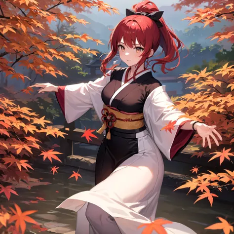 autumn,Japanese style,landscape,Red Hair,girl,ponytail,Maple leaves are dancing