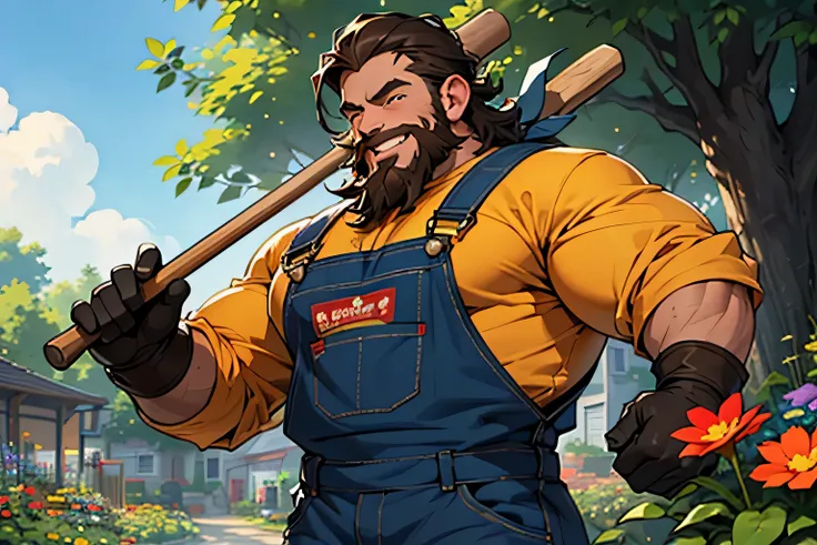 dwarf, 1man, dark brown hair, blue eyes, beard, short, heavyset, ripped, long sleeves, overalls, gloves, carrying a shovel, cheerful, smiling, in the flower garden, in the afternoon, super detail, high details, best quality, accurate